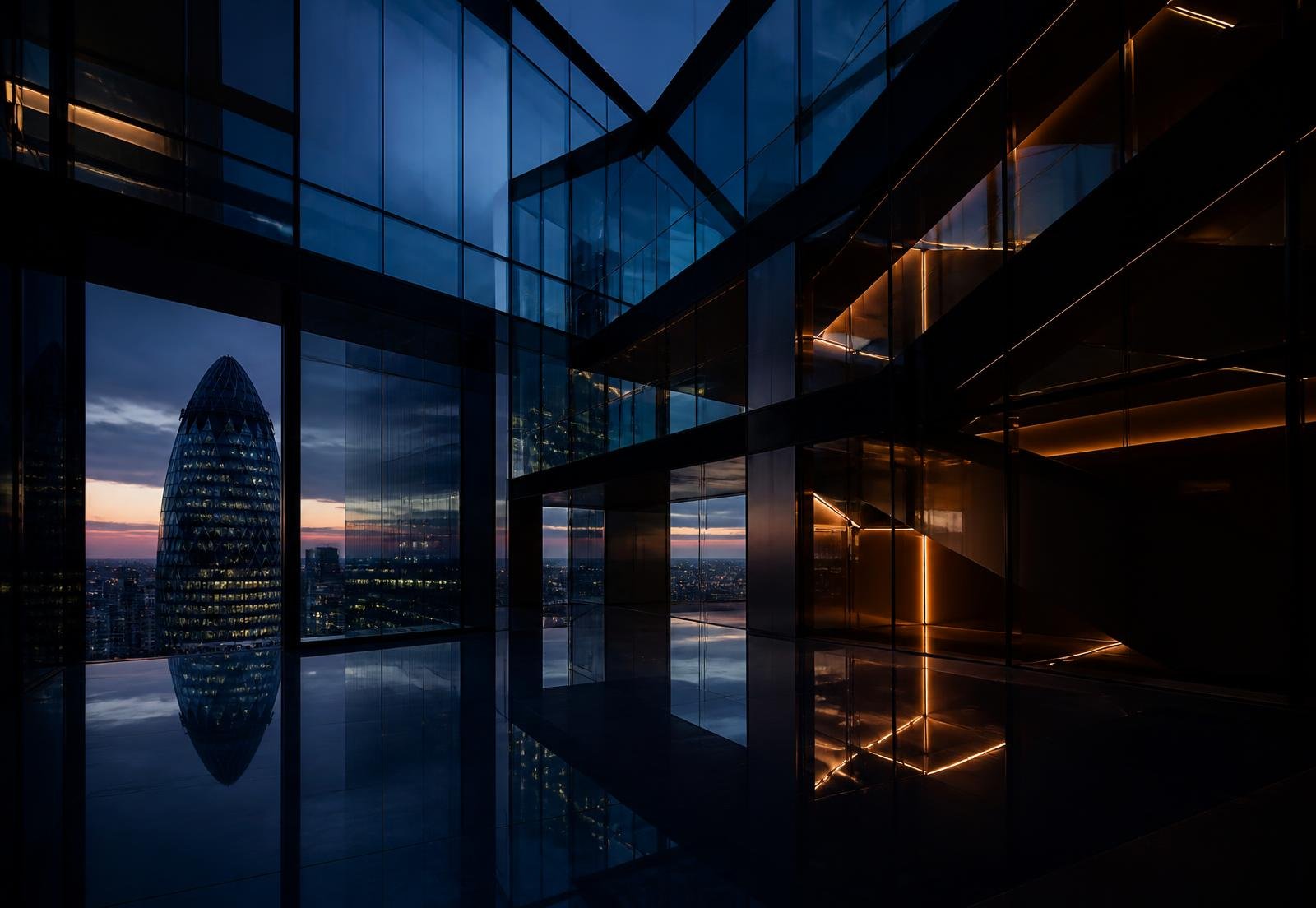 Modern glass office atrium at dusk in the City of London